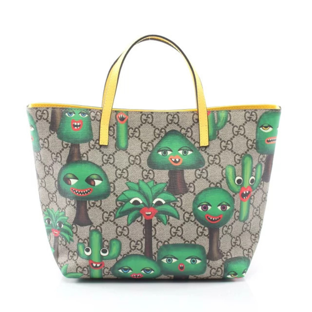 Gucci GG Supreme Smiling Plant Tote Bag Canvas Leather Beige Cream Green Yellow